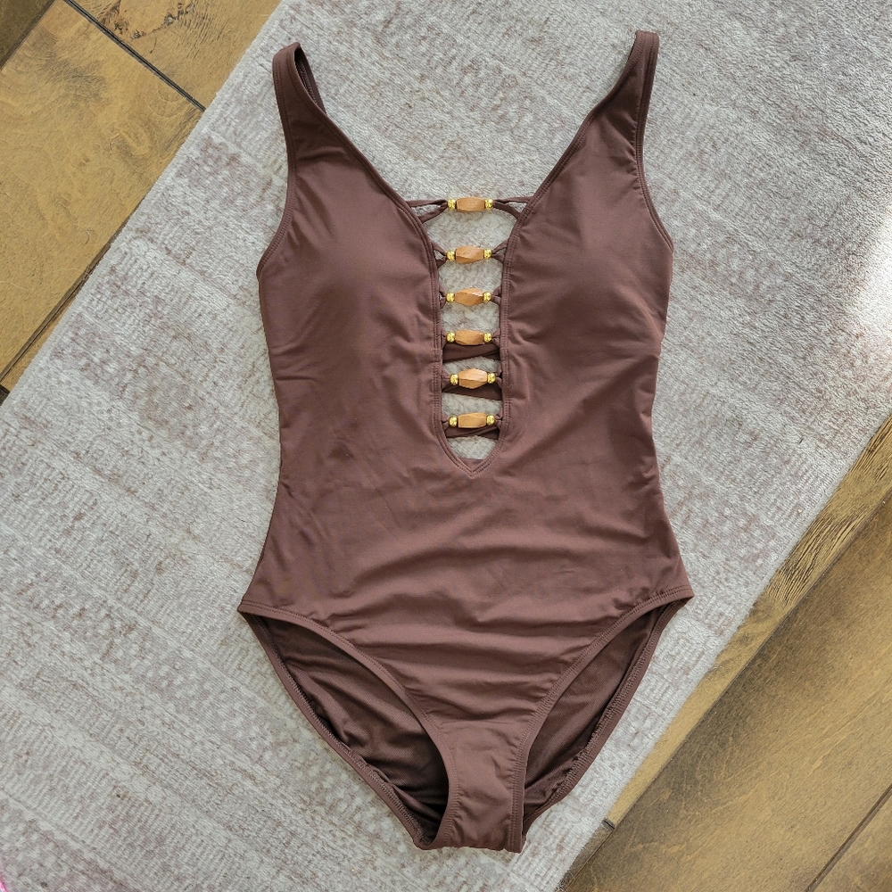 NWT BLEU ROD BEATTIE Kore Lace Up Beaded Plunge One-Piece Swimsuit